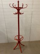 A red Bentwood Mid Century six hook coat stand by Drevounia Czechoslovakia