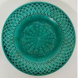 A Set of Four English Minton Deep Green Majolica lattice basket weave plates, dated for 1870.