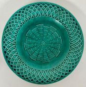 A Set of Four English Minton Deep Green Majolica lattice basket weave plates, dated for 1870.