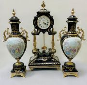 A reproduction Sevres style garniture set of twin handled vases and clock.