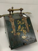 A beautiful patina coal scuttle with brass inlay birds to front along with fire tools. 40 x 40