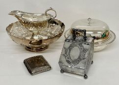 A selection of silver plated items and EPNS to include a muffin dish, pierced bowl, sauce boat,