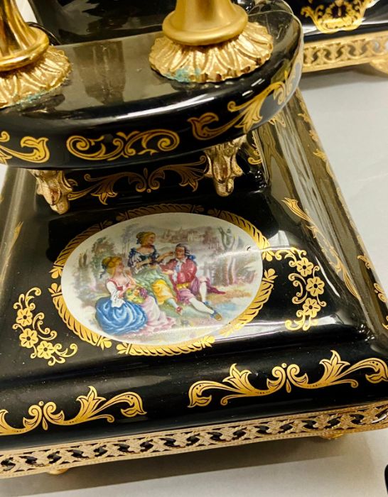 A reproduction Sevres style garniture set of twin handled vases and clock. - Image 3 of 5