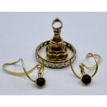 A selection of 9ct gold items to include: fob, earrings and ring. (Total Weight 5.8g)