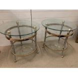 Two glass Mid Century two tier side tables (H60cm Dia60cm)