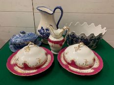 A selection of vintage china to include lidded dished, jug etc