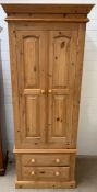 A pine slim single wardrobe with two drawers under (H200cm W70cm D54cm)