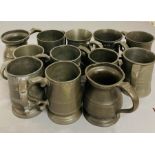 Thirteen one pint pewter vessels to include tankers, cider cup various markers marks
