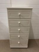 A white five drawer tall chest of drawers (H126cm W58cm)