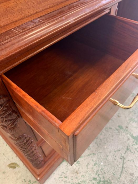 A rosewood pedestal desk with carving to door sides and turned metal handles (186cm x 90 cm x 78 - Image 3 of 7