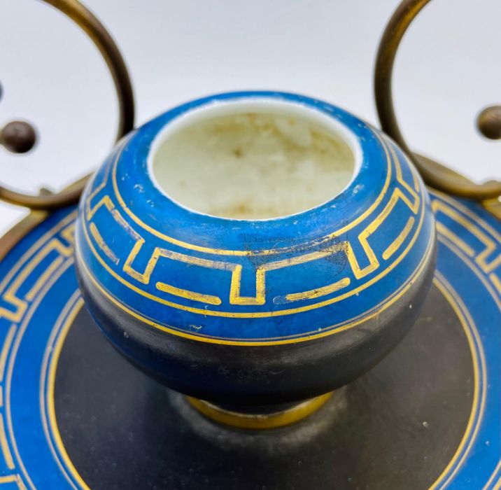 A porcelain inkwell with a geometric design in metal stand - Image 4 of 5