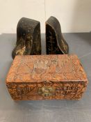 A pair of Japanese black and gold lacquer bookends (H16cm W9cm) and one carved box with brass