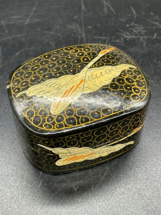 A Papier Mache box with swan decoration