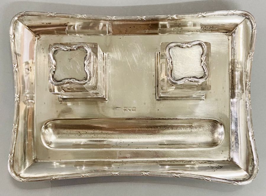 A silver desk set with glass inkwells with silver lids, dated 1909 by Charles and George Asprey ( - Image 3 of 7