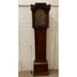 A mahogany and brass inlaid long case clock, the hood with broken arch pediment silvered chapter