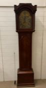 A mahogany and brass inlaid long case clock, the hood with broken arch pediment silvered chapter