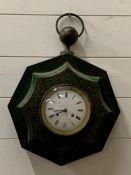 A Green metal wall clock with ring loop and enamel face