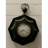 A Green metal wall clock with ring loop and enamel face