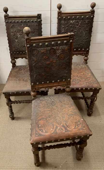 Three oak Charles II style frame chairs with leather seats and back stud details AF