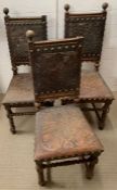 Three oak Charles II style frame chairs with leather seats and back stud details AF