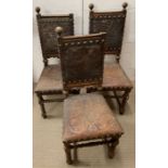 Three oak Charles II style frame chairs with leather seats and back stud details AF