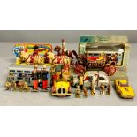 A selection of toy soldiers, boxed Matchbox bus, three unboxed vehicles and a Corgi comics Noddy's
