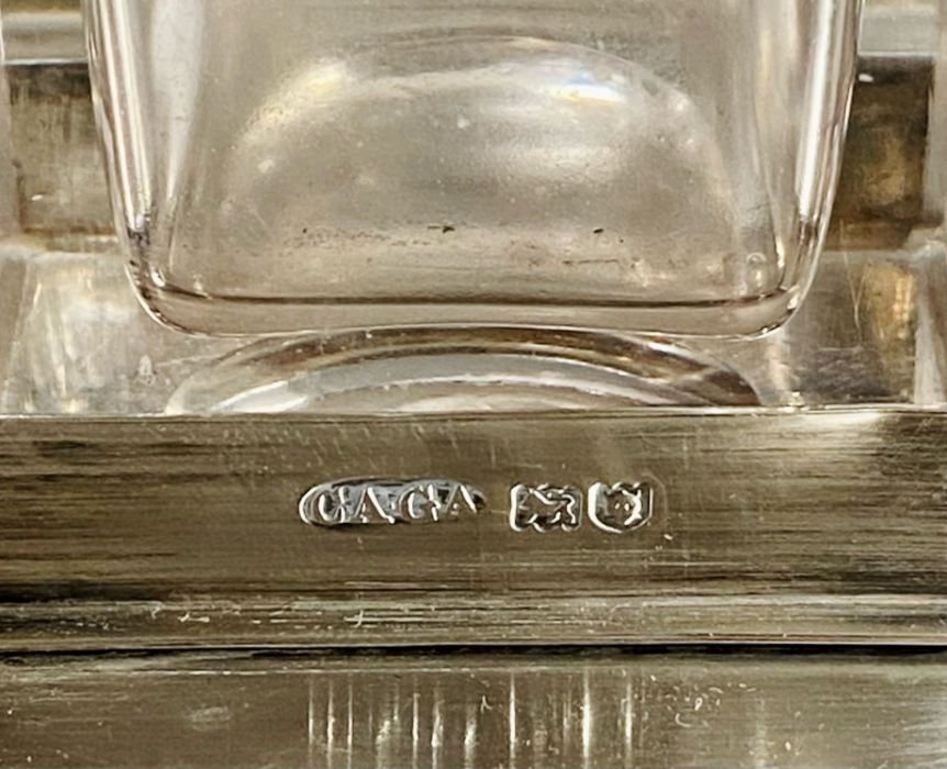 A silver desk set with glass inkwells with silver lids, dated 1909 by Charles and George Asprey ( - Image 7 of 7