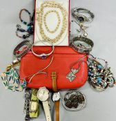 A selection of costume jewellery and coach bag