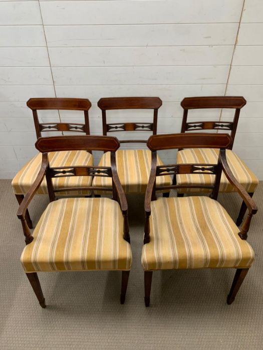 A set of 5 George III mahogany dining chairs (including 1 armchair) inlaid with satinwood banding - Image 4 of 6