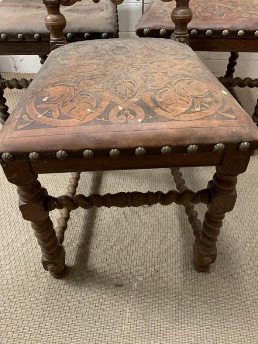 Three oak Charles II style frame chairs with leather seats and back stud details AF - Image 3 of 8