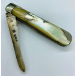A Silver and mother of pearl fruit knife