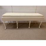 A white bench seat on cabriole legs and faux seat pad (H59cm W160cm D55cm)