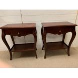 A pair of dark wood bedsides with drawers to centre (H71cm W60cm D36cm)