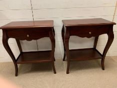 A pair of dark wood bedsides with drawers to centre (H71cm W60cm D36cm)