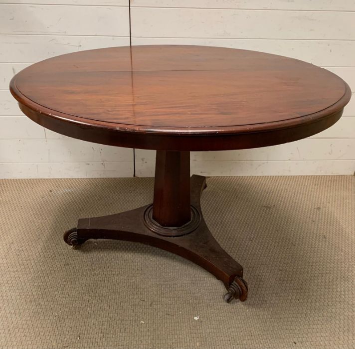 A Regency style breakfast table the tilt top on faceted shaft on a tri-form platform base (H72cm