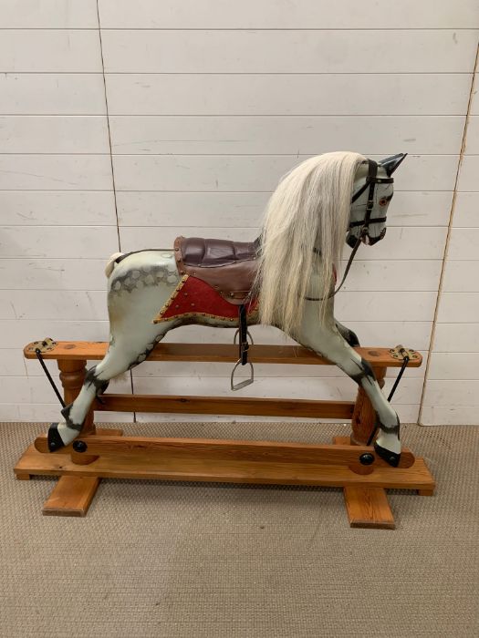 A rocking horse on pine stand, Bluebell nursery size (Saddle H88cm W116cm)