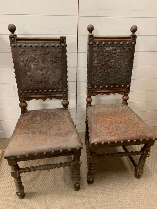 Three oak Charles II style frame chairs with leather seats and back stud details AF - Image 7 of 8