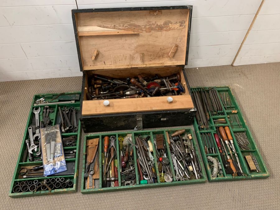 Wooden toolbox with contents and three trays of tools