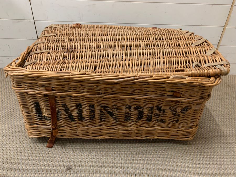 A Vintage Wicker Laundry Basket marked A 58 and Laundry