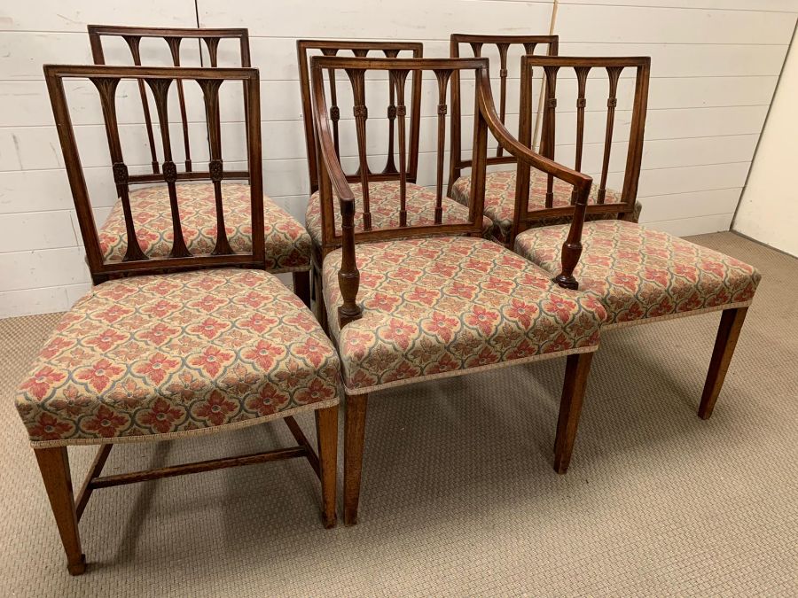 A set of 6 Sheraton mahogany dining chairs including 1 armchair, each with square back and 3 - Image 3 of 8