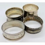 Four various hallmarked silver napkin rings (58g)