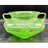 Arculus Green Bubbled Glass twin handled bowl with applied punts. C.1920s