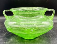 Arculus Green Bubbled Glass twin handled bowl with applied punts. C.1920s