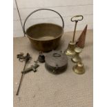 A selection of brass and copper items