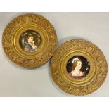 Two metal charges with painted portraits plates centre