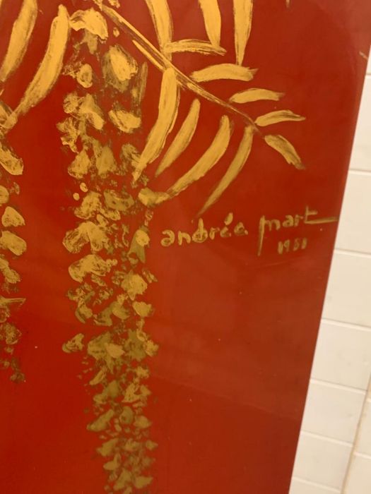 A signed four panel room divider or scren in a Chinese style on red grounds by Andrea Mart (1981) - Image 3 of 4