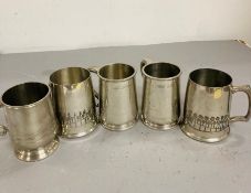Five One pint pewter tankers