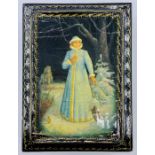 A Russian Lacquered box (9.5cm x 7cm x 3.5cm) picture of a woman in blue coat and hat, signed.