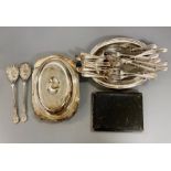 A selection of EPNS and plated items to include tureens, German flatware, cased set of butter