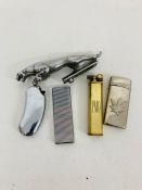 A selection of four lighters and a Jaguar hood ornament